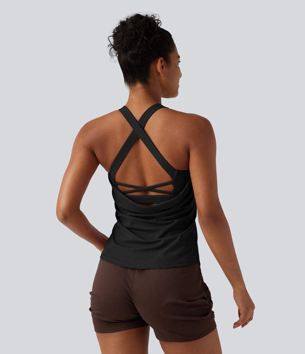 Débardeur de yoga à encolure U, toucher frais, séchage rapide, coussinets amovibles et protection solaire UPF 50+