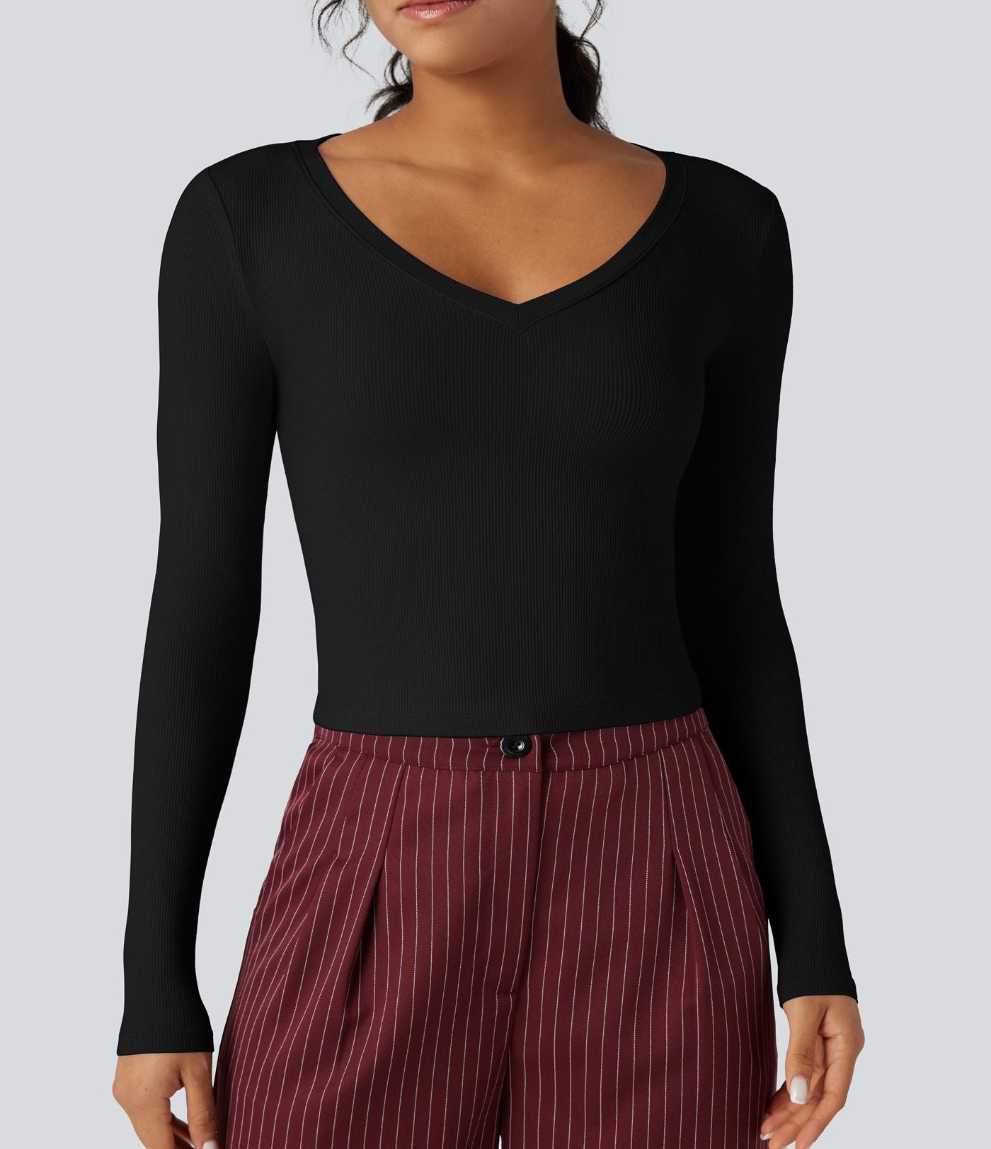 T-shirt tailleur côtelé court col V manches longues