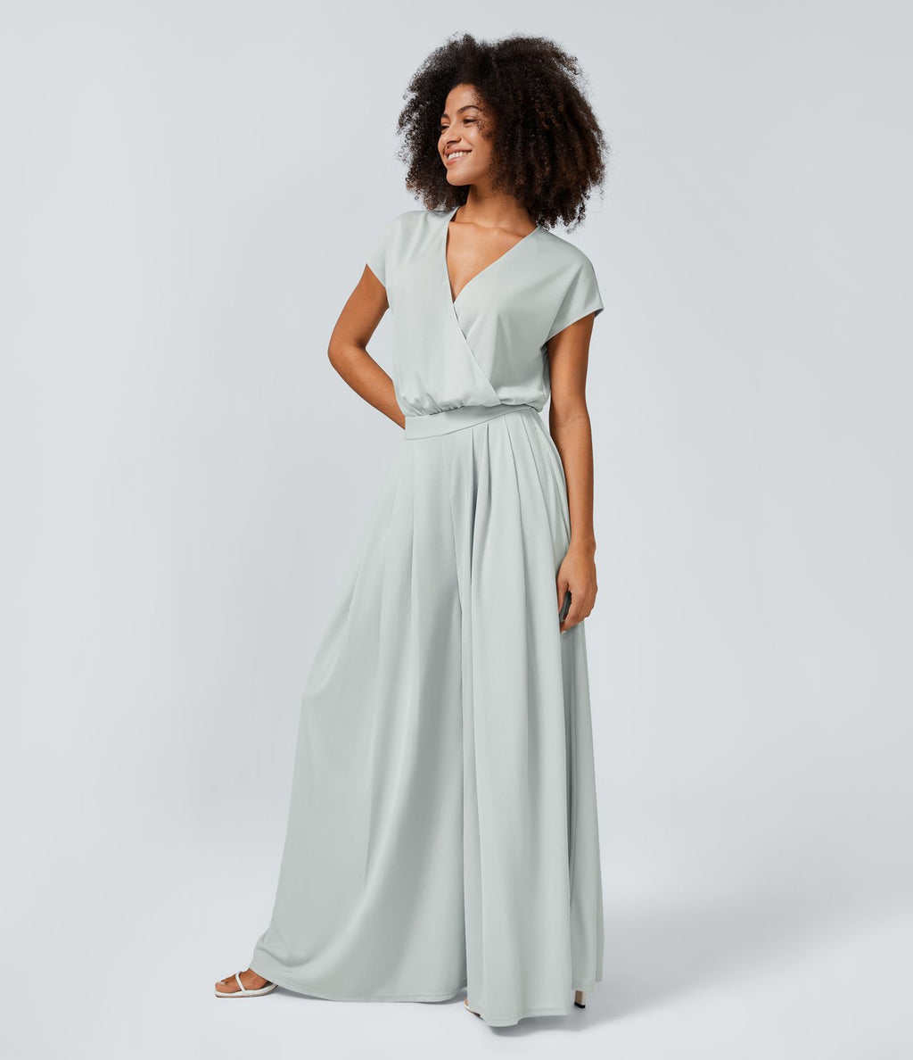 Combinaison Casual Col en V Jambes Large Plissée Manches Courtes Poche Latérale Gaufrée Fluide