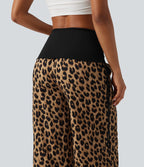 Pantalon baggy casual à imprimé léopard taille haute à revers avec fronces, cordon et poches