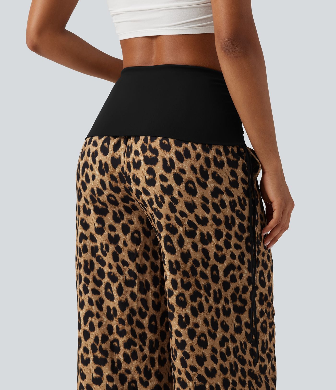 Pantalon baggy casual à imprimé léopard taille haute à revers avec fronces, cordon et poches