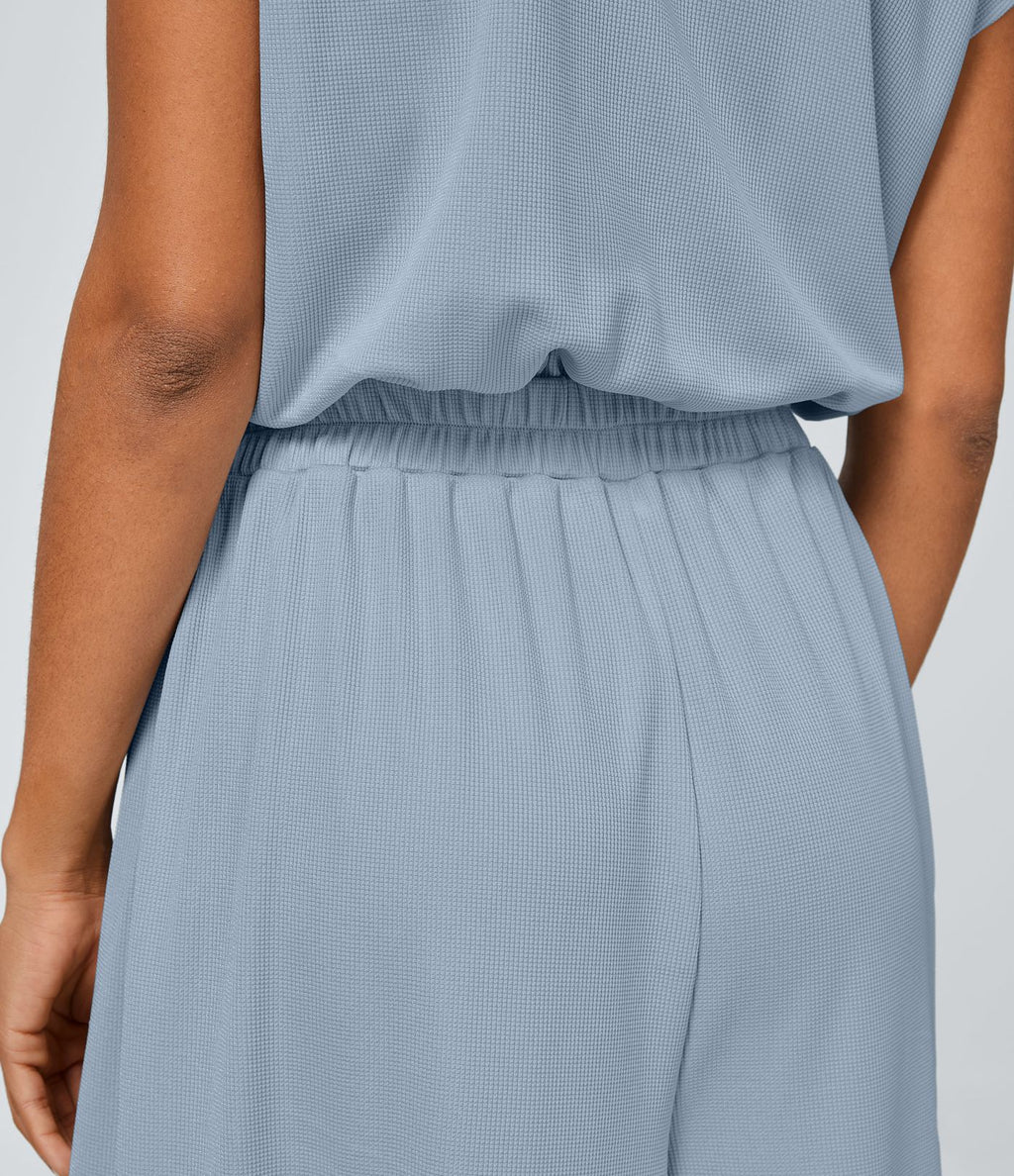Combinaison Casual Col en V Jambes Large Plissée Manches Courtes Poche Latérale Gaufrée Fluide