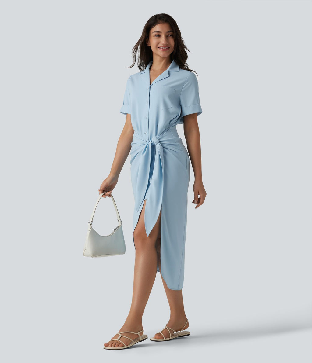 Robe-chemise casual midi en mousseline infroissable manches courtes portefeuille avec nœud frontal et poche