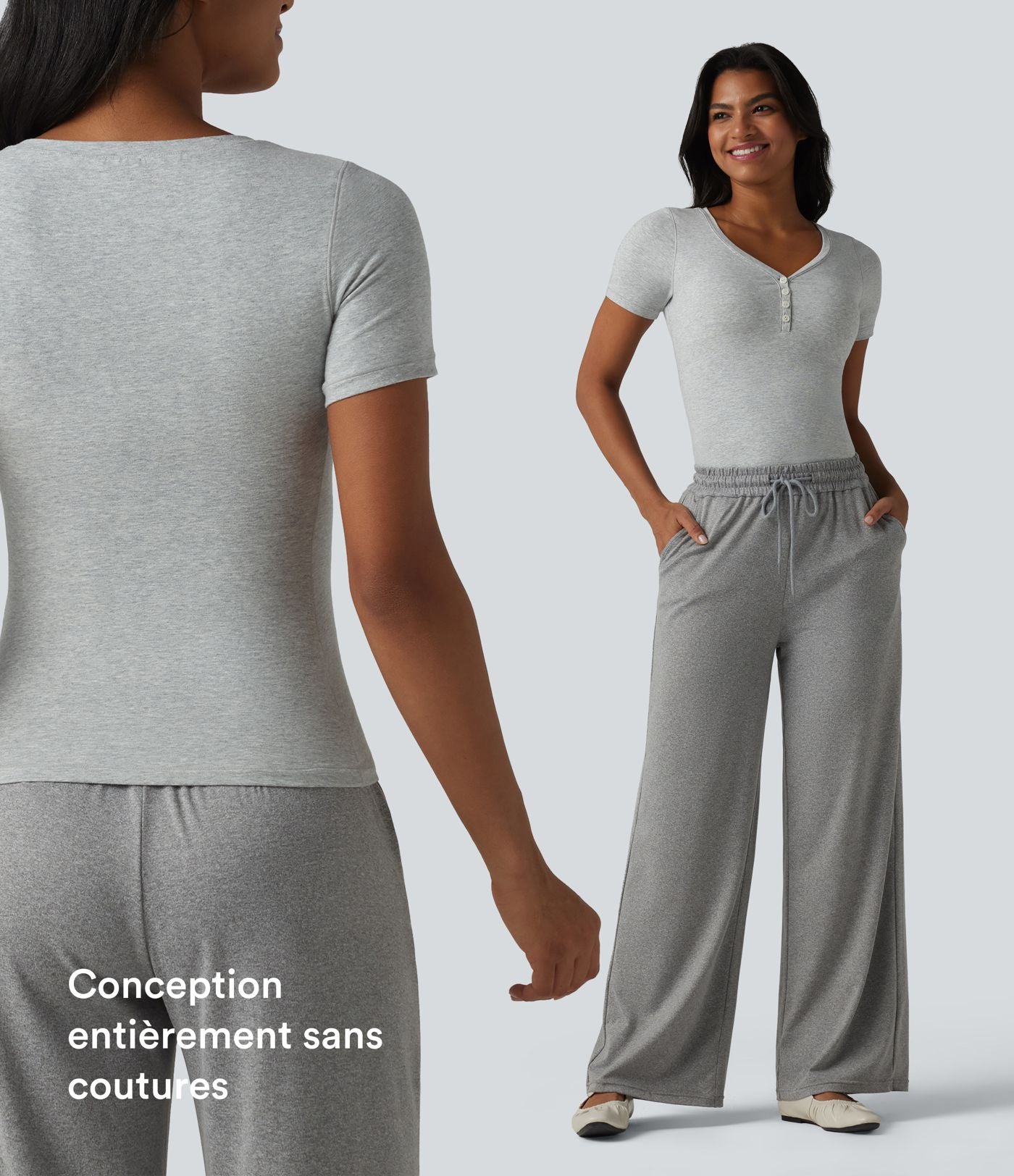 Halara T-shirt décontracté en jersey de coton, col V, manches courtes, brassière intégrée, bonnets B-DD