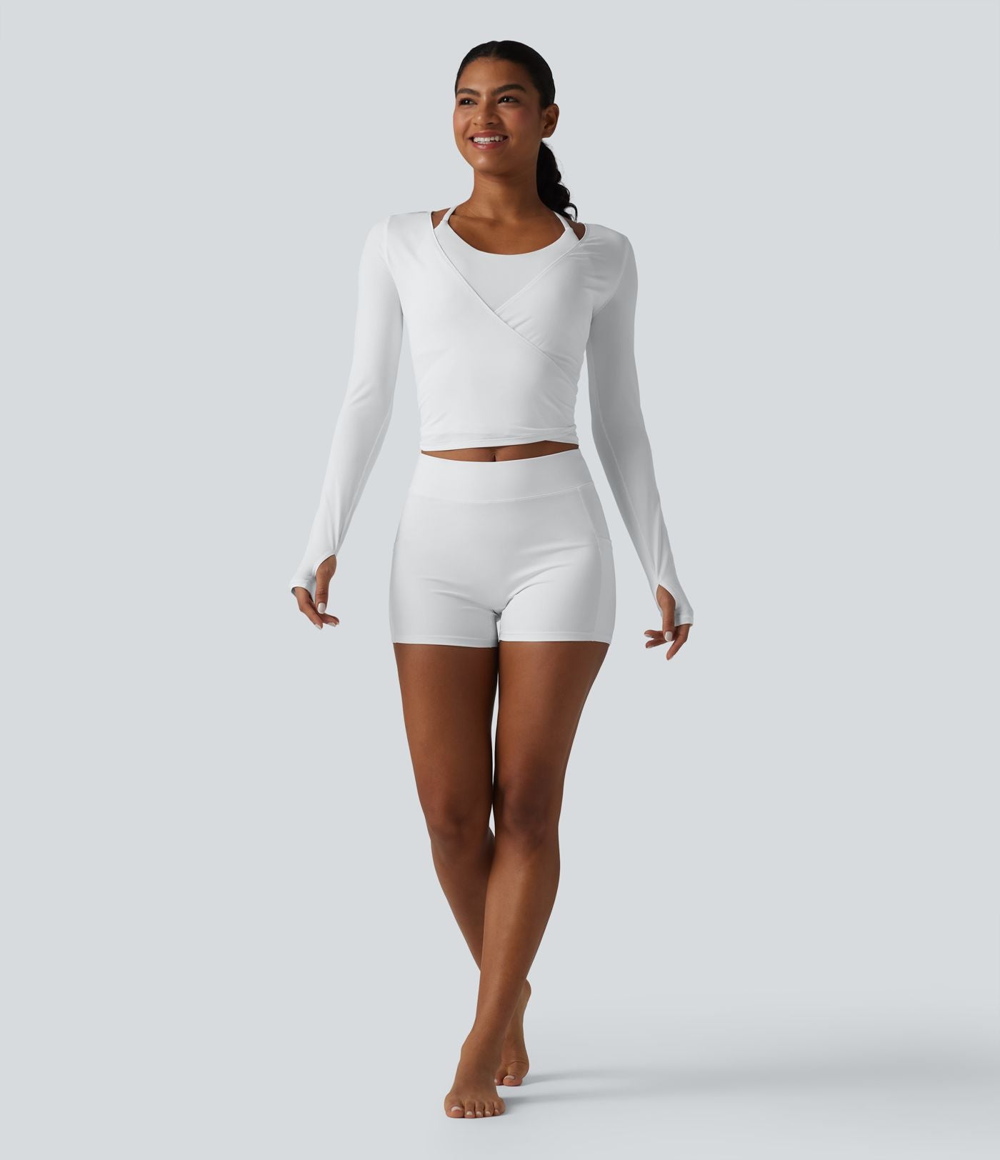 Haut de yoga à manches longues et bretelles croisées, toucher doux, protection solaire UPF50+