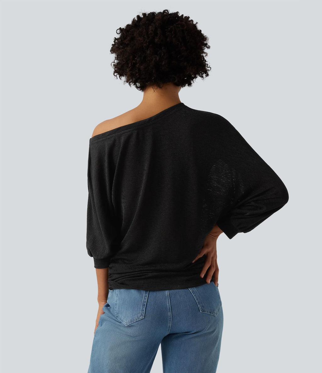 T-shirt décontracté semi-transparent une épaule dénudée à manches 3/4 et fronces