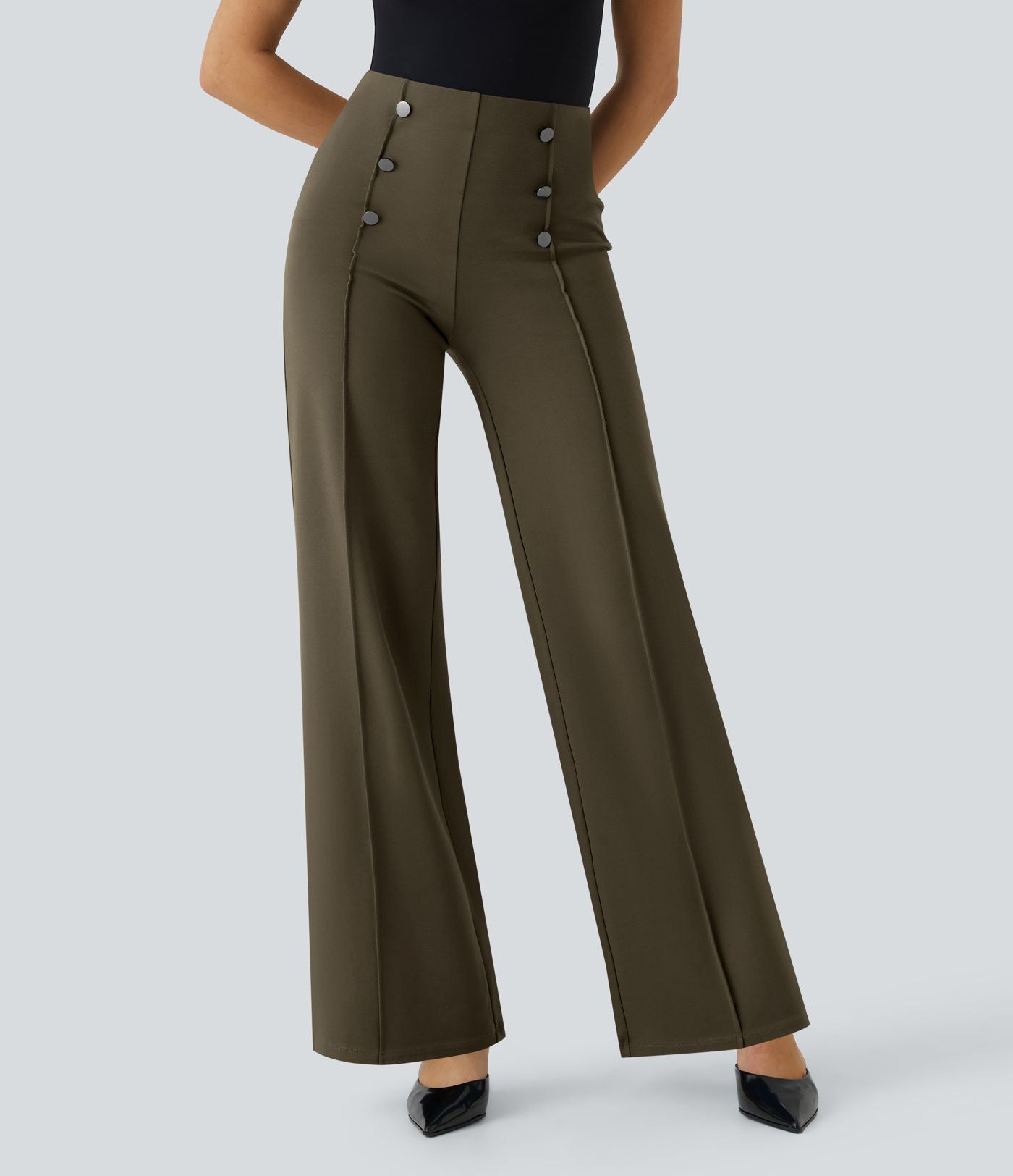 Pantalon Tailleur Large Taille Haute avec Bouton et Poches