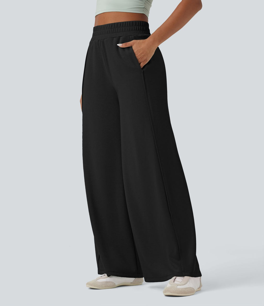Pantalon décontracté micro gaufré jambe large taille haute avec poches