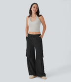 Pantalon cargo décontracté large à cordon, taille mi-haute, avec poches