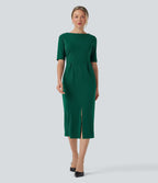 Robe tailleur décolleté arrondi manches courtes avec fente