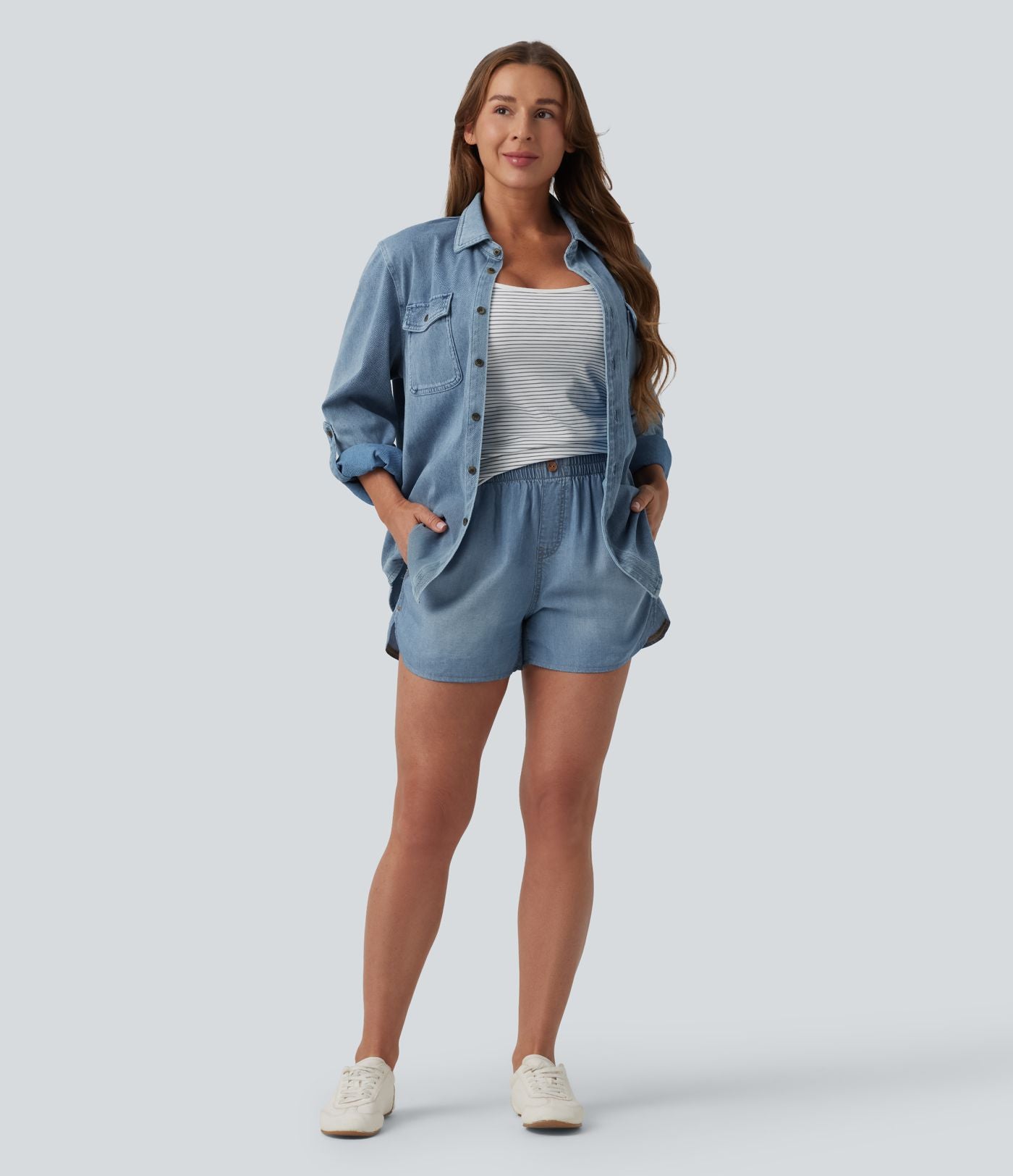 Short en jean décontracté taille mi-haute en lyocell drapé, 9 cm, avec poches