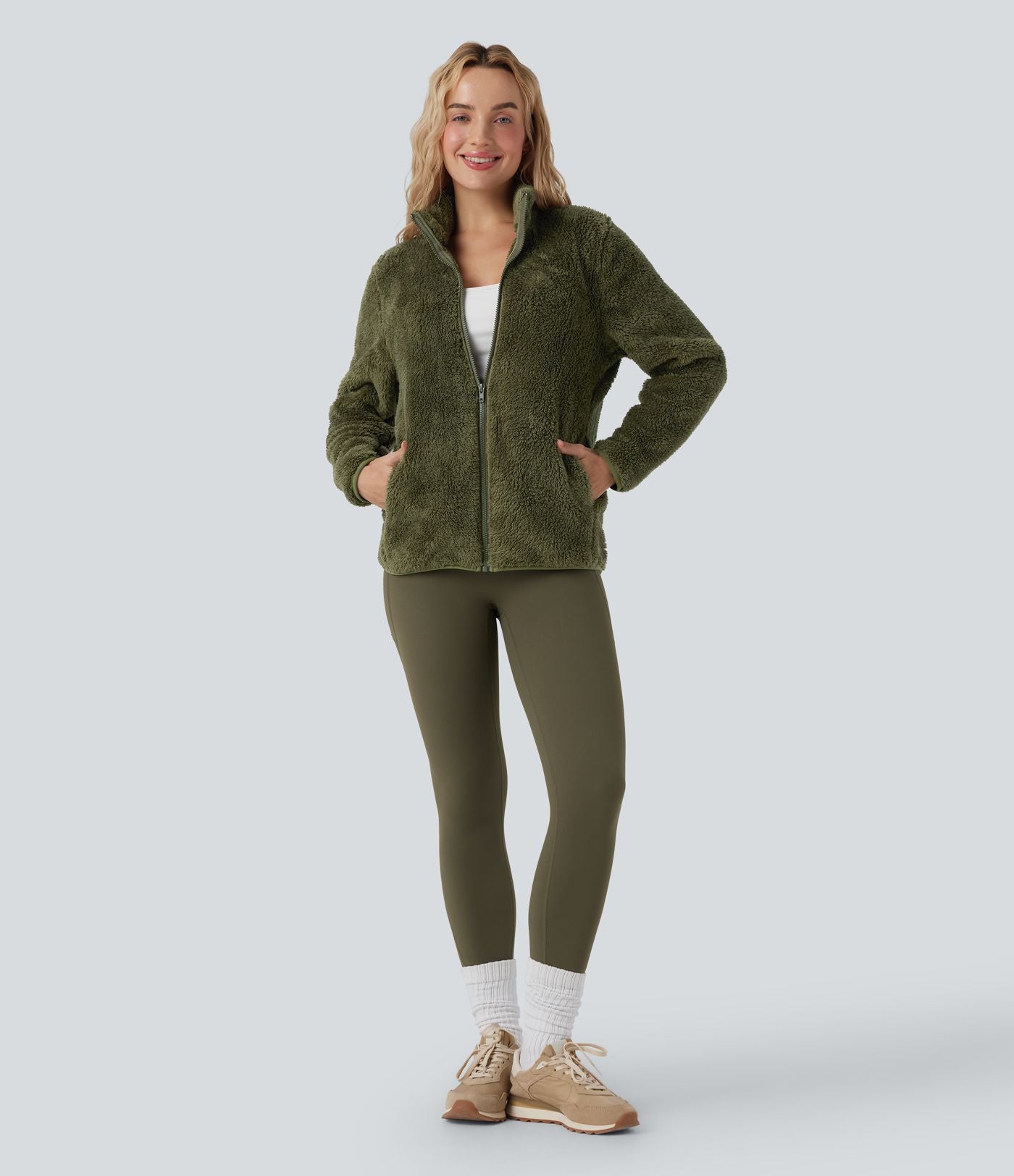 Veste décontractée sherpa col montant manches longues avec poches