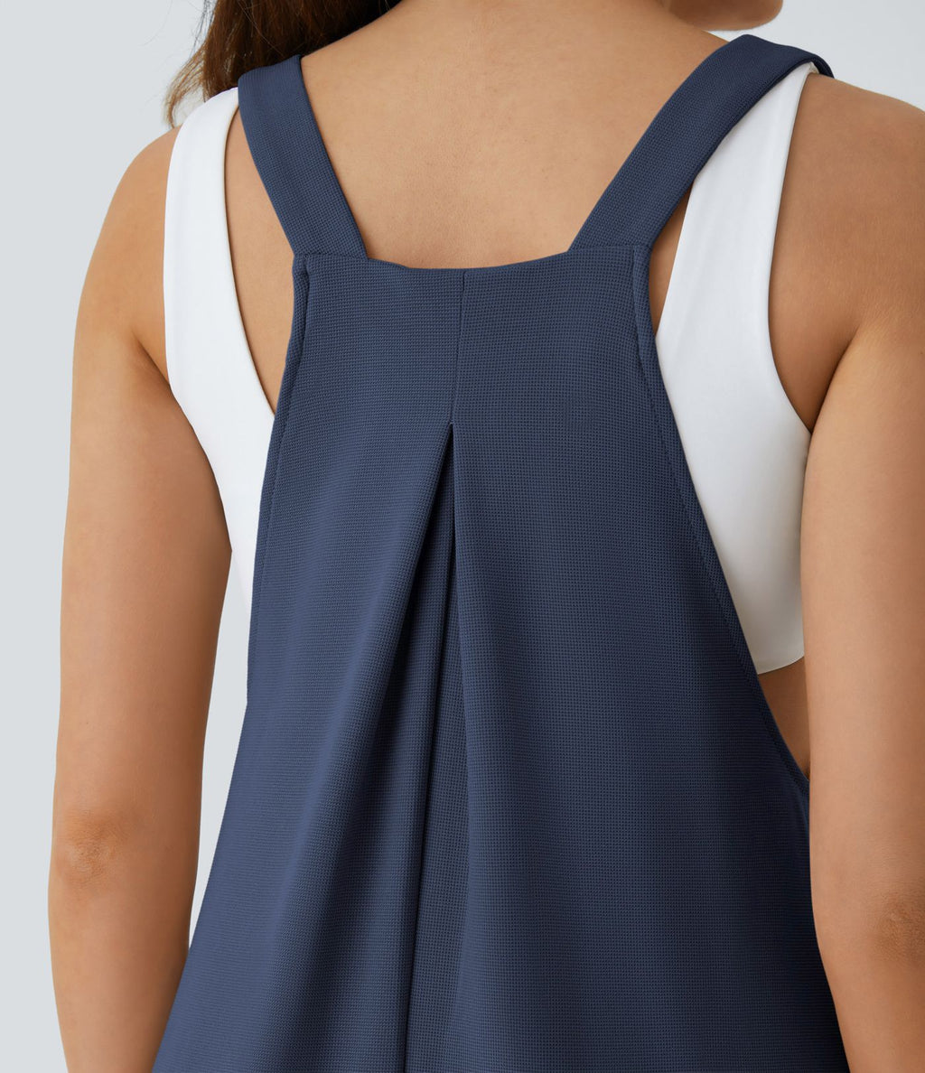 Salopette Casual Bretelles Ajustables Boutonnés Multiples Poches Plis et Tissu Gaufré
