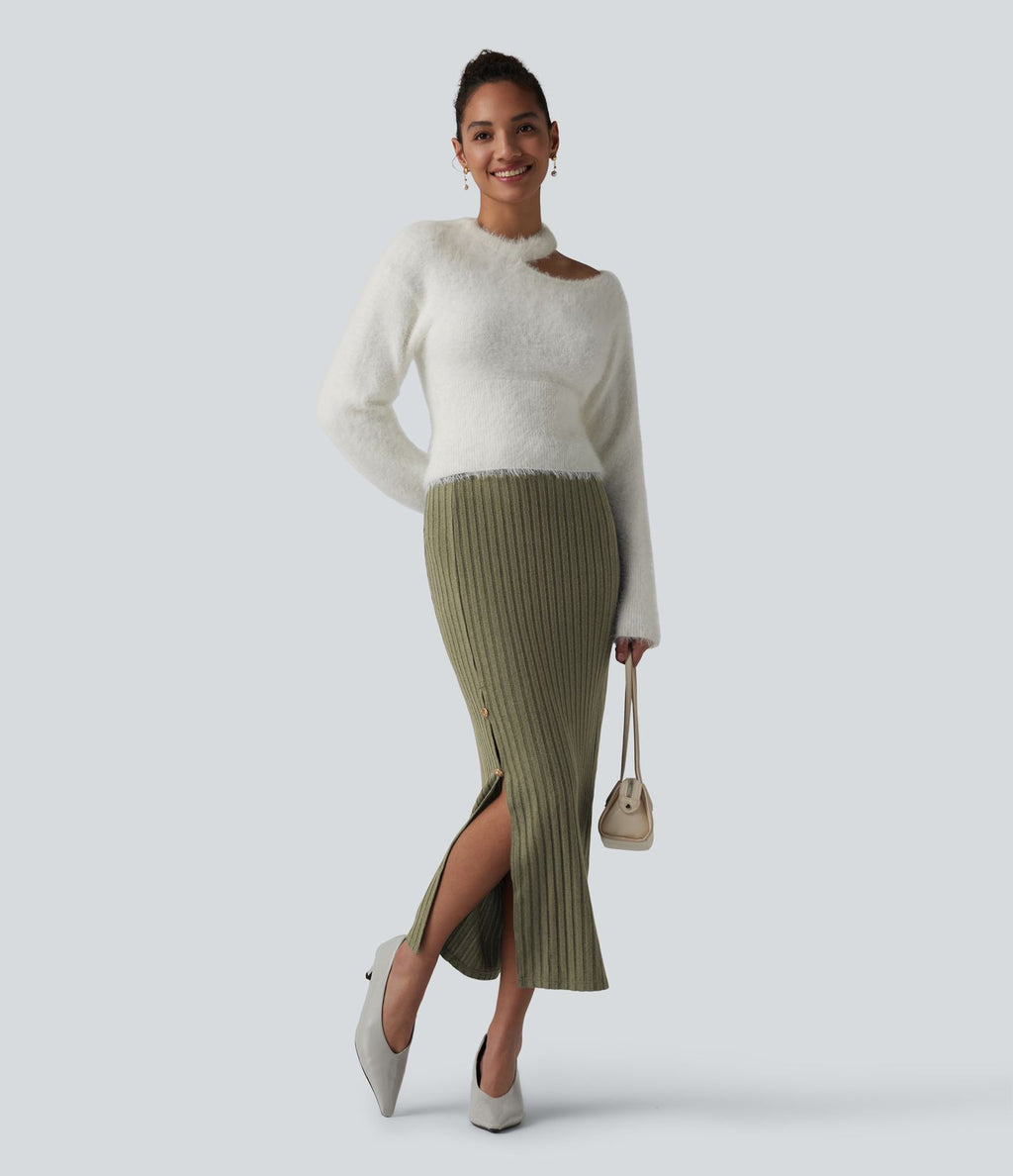 Jupe midi de bureau taille haute en maille côtelée
