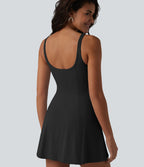 Robe mini casual sans manches à col U, volants, fronces et soutien-gorge intégré avec poches