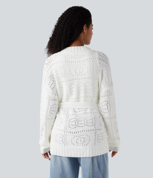 Cardigan décontracté en maille tricotée à manches longues avec ceinture et ouverture devant