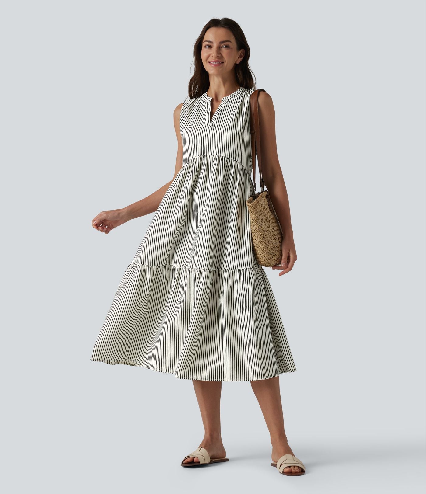 Robe midi rayée sans manches col V avec soutien-gorge intégré
