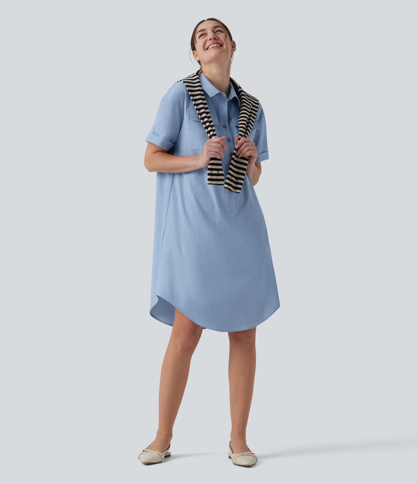 Robe casual mi-longue col manches courtes ourlet courbe avec poches