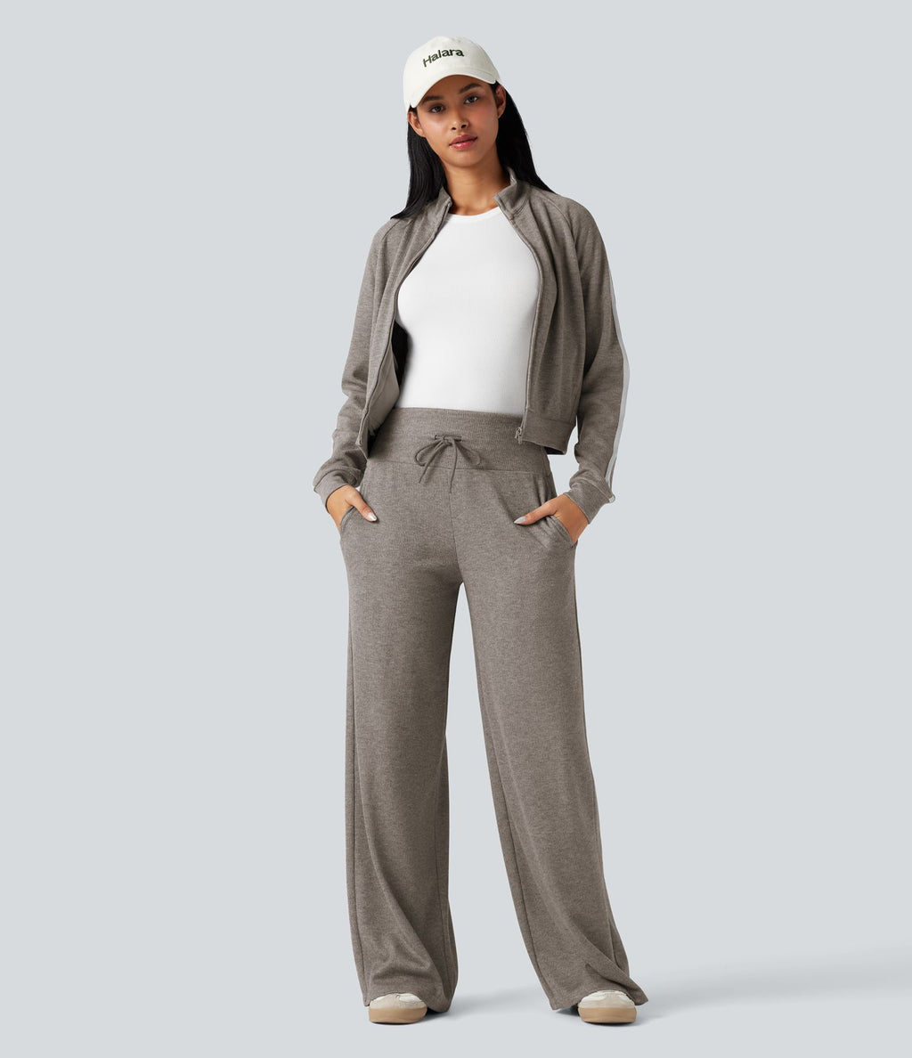 Pantalon jogging large décontracté côtelé gainant taille haute avec cordon de serrage et poches
