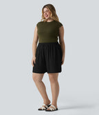 Short casual aspect lin grande taille taille haute avec cordon de serrage et poches