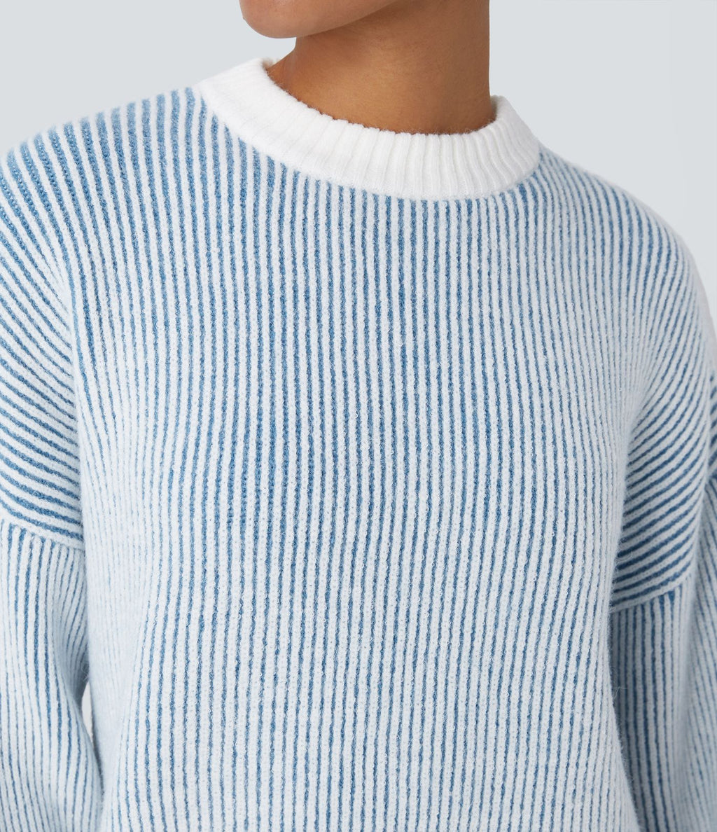 Pull col rond motif rayé bicolore à manches longues