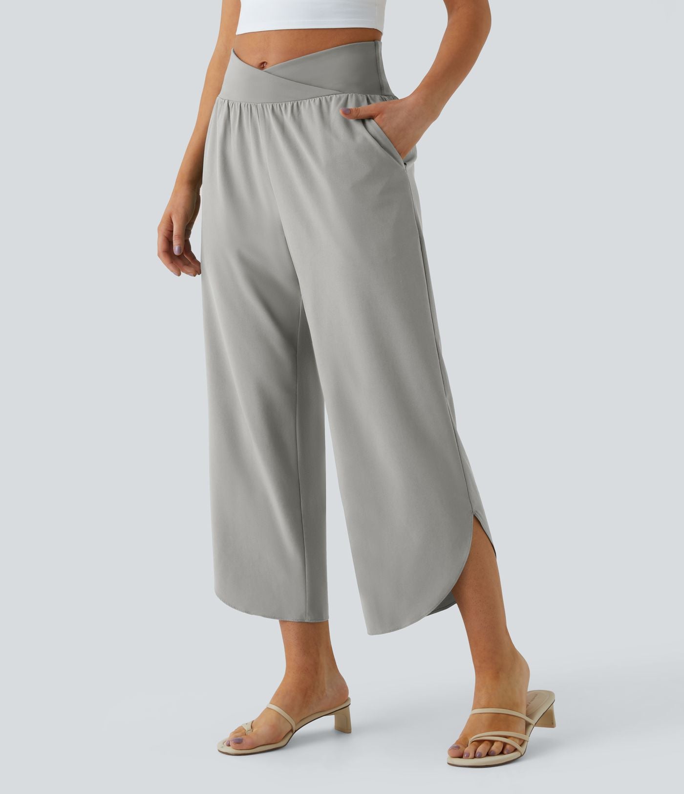 Breezeful™ Pantalon Fluide Vacances Séchage Rapide Taille Haute Croisée Poches Latérales Plissées Fente