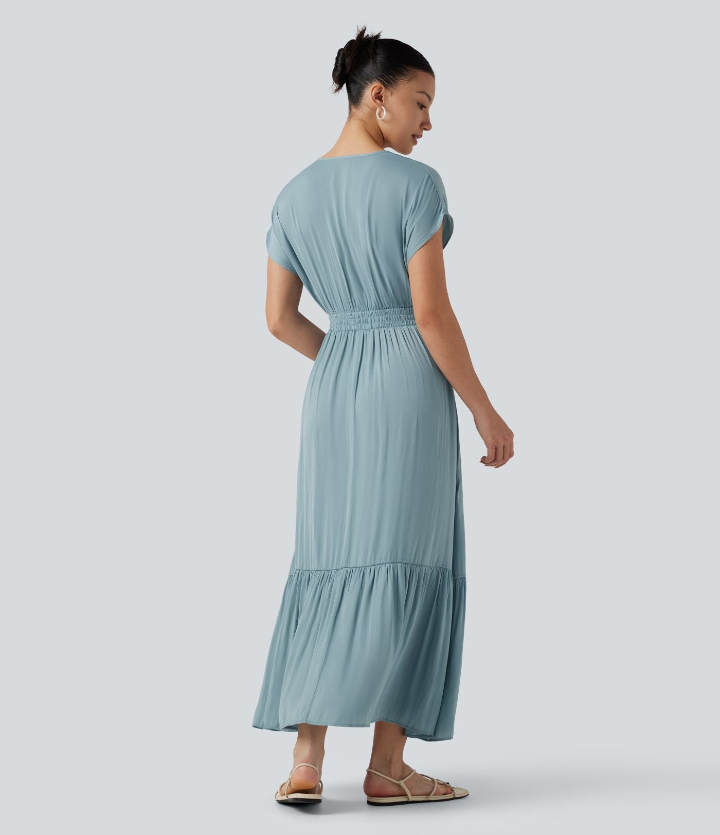 Robe midi décontractée fluide, col V, manches courtes
