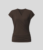 Blouse Travail Unie Froncée Croisée Manches Courtes Col en V
