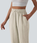 Jogging casual large ample taille haute aspect lin à cordon de serrage avec poches