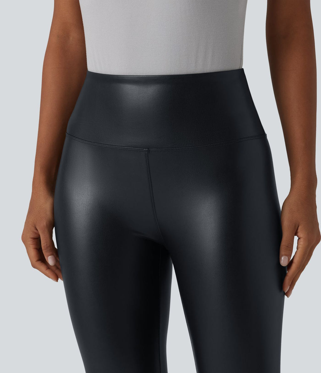 Legging corsaire taille haute ventre plat en similicuir extensible avec poches