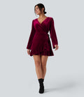 Robe mini velours portefeuille col V volants manches longues