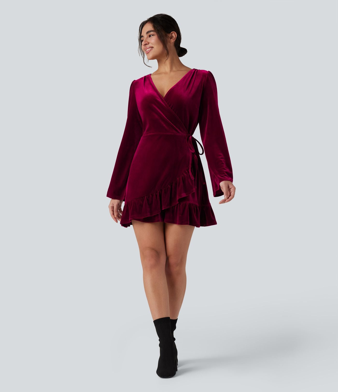 Robe mini velours portefeuille col V volants manches longues
