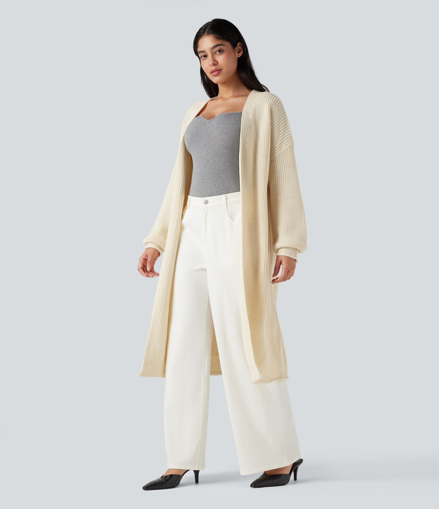 Cardigan de travail tricot ouvert manches longues coupe longue