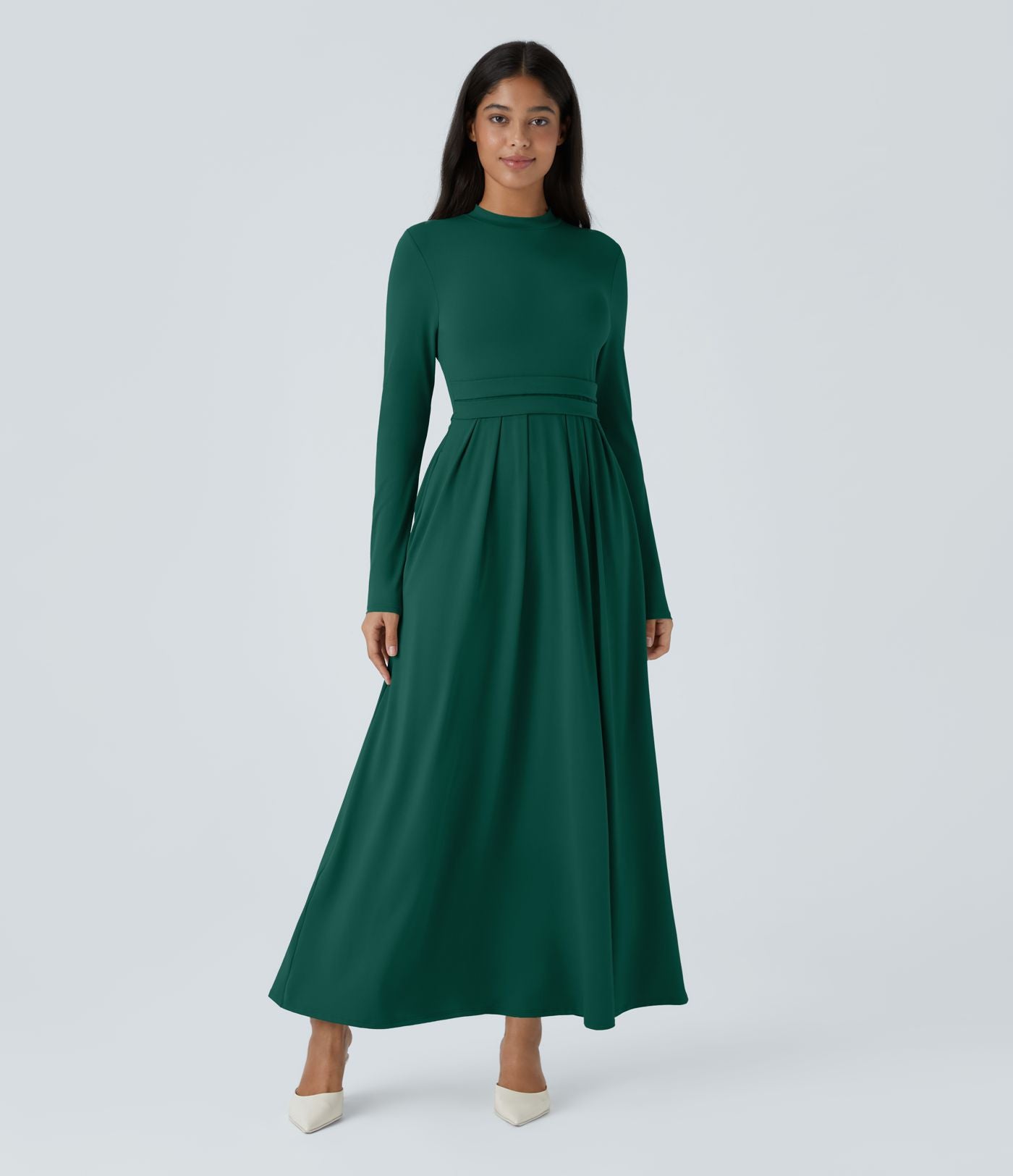 Robe longue décontractée à col montant, manches longues, plissée, avec poches latérales et coupe évasée