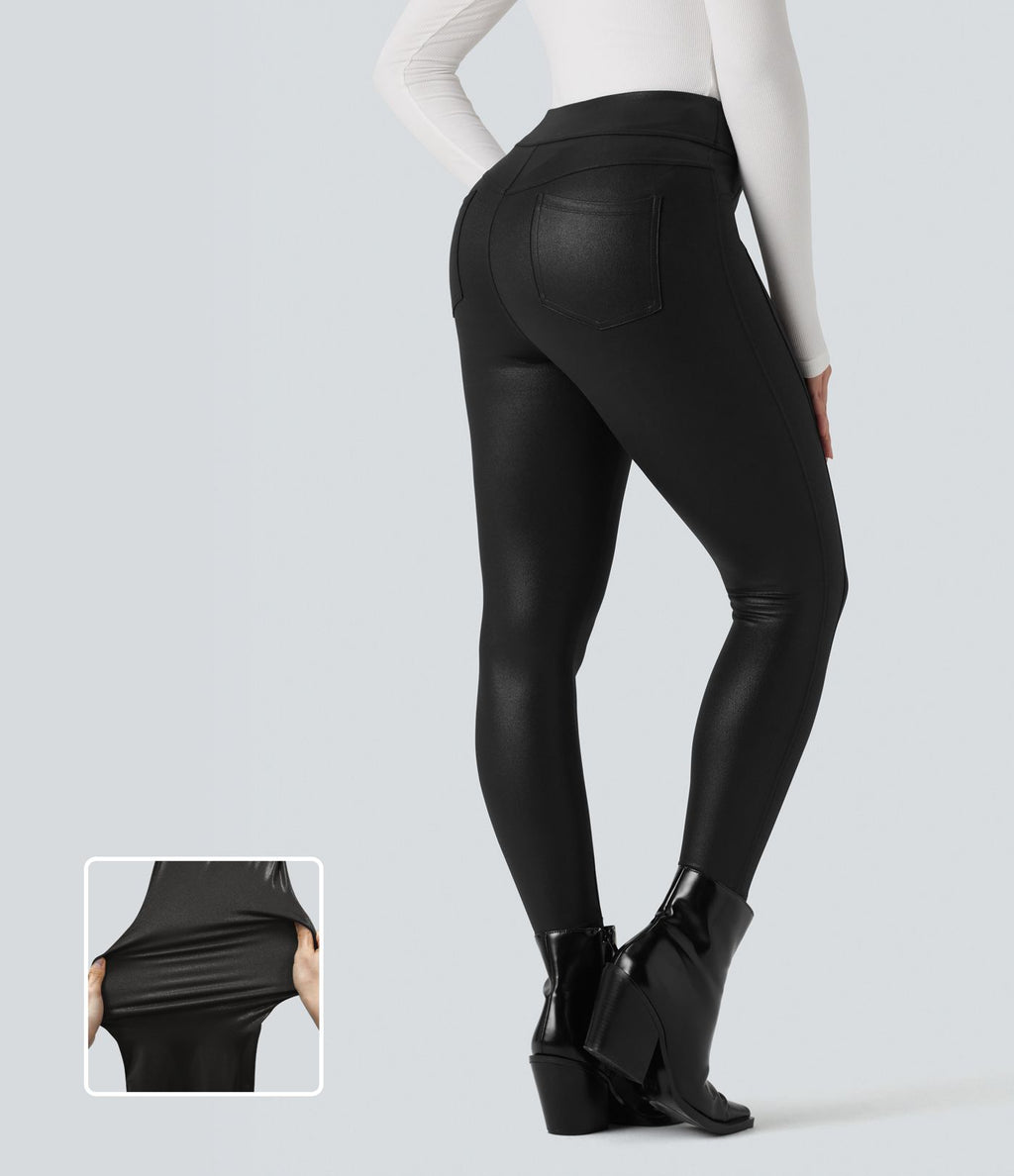 Legging décontracté taille haute en tissu enduit brillant avec poches