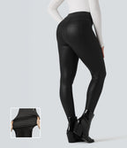 Legging décontracté taille haute en tissu enduit brillant avec poches