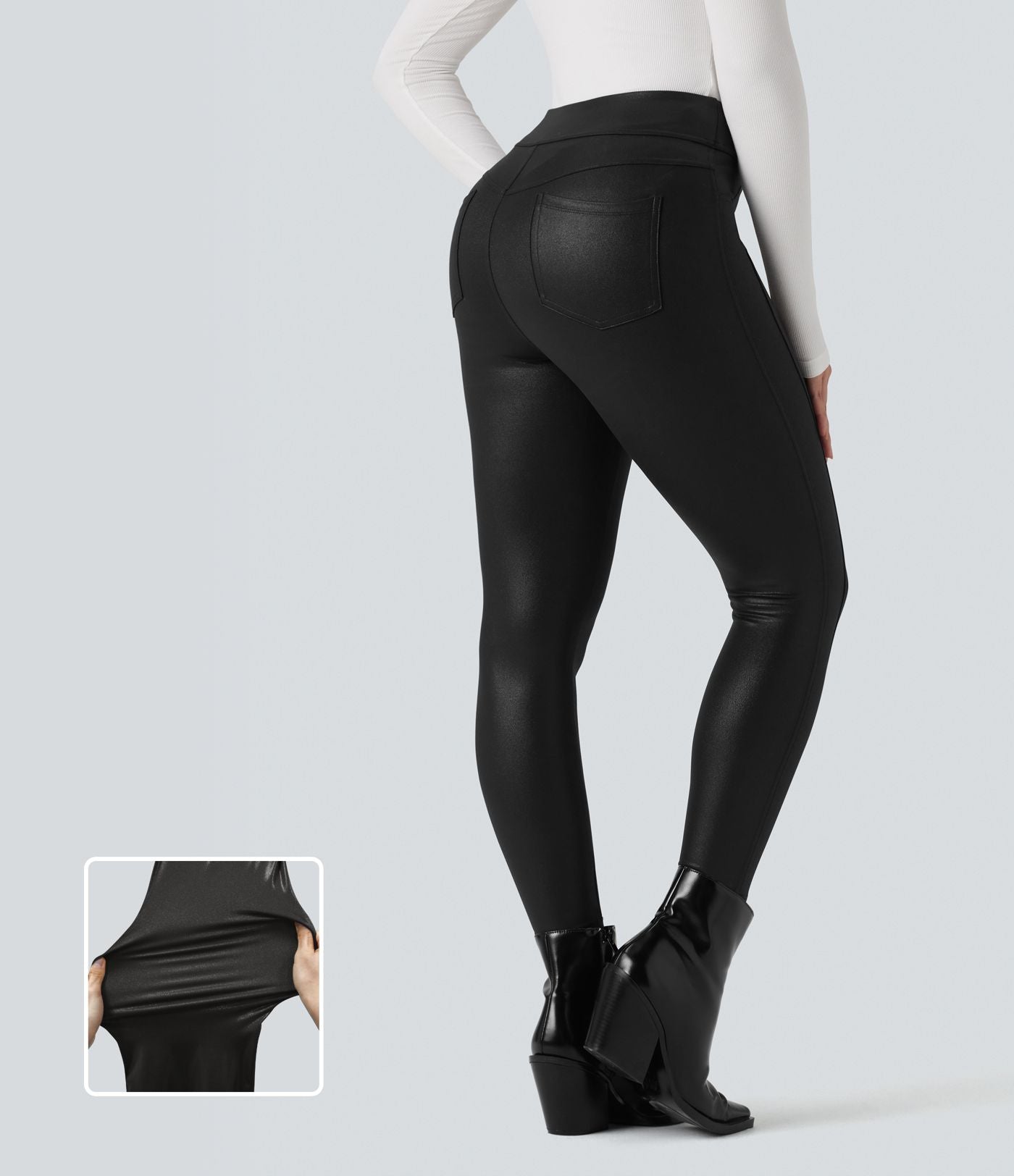 Legging décontracté taille haute en tissu enduit brillant avec poches