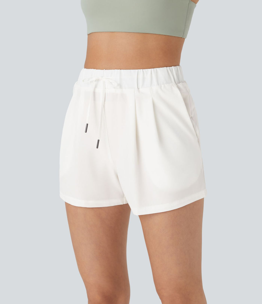Short 7,5cm Casual à Taille Moyenne avec Ceinture Élastique Cordon de Serrage et Poches Latérales Ruchées