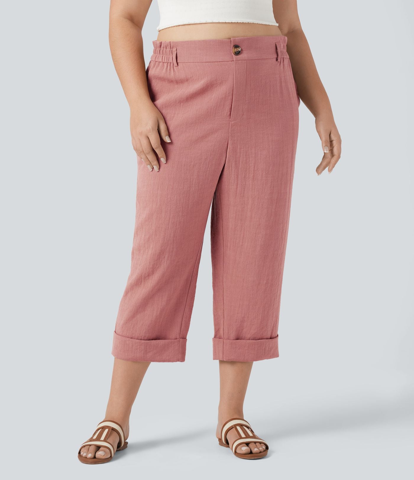 Pantalon de villégiature capri effet lin, grande taille, taille haute, avec poches