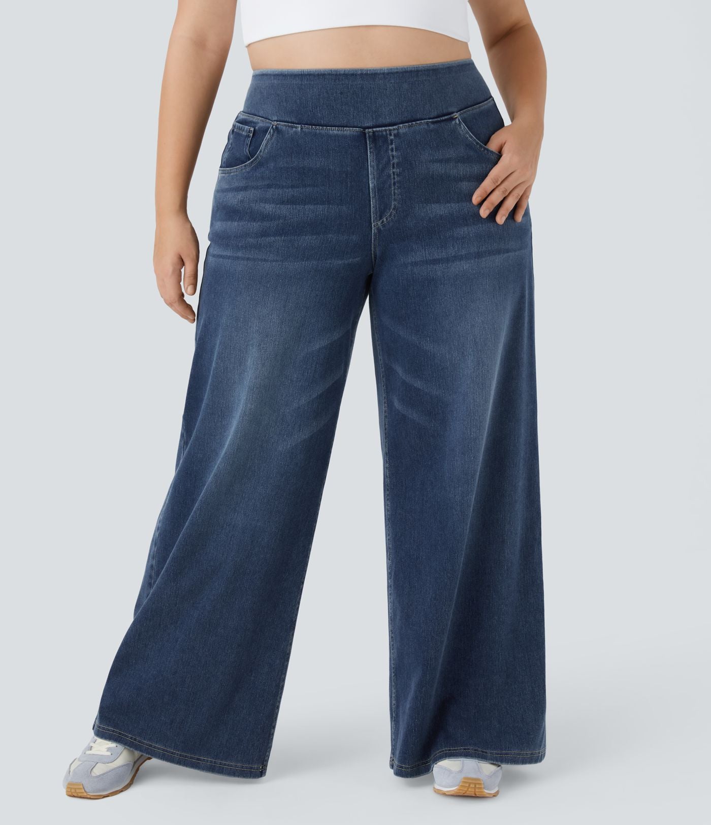 Halara Flex™ Jeans Larges Casual Taille Haute Multiples Poches Lavés Élastiques et Tricotés Grande Taille