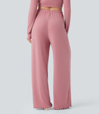 Pantalon détente taille haute coupe droite finitions plissées pointelle avec cordon de serrage