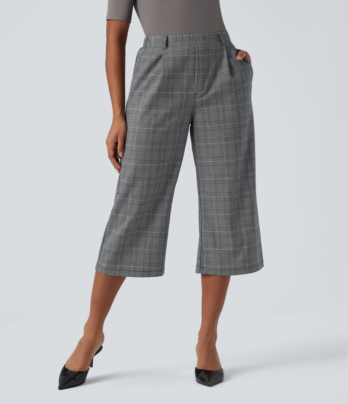 Pantalon de travail Halara Flex™ bootcut à carreaux pied-de-poule, taille haute, avec poches