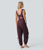 Combinaison de yoga col bateau sans manches dos nu avec découpes et poches latérales à cordon de serrage effet frais InstantCool, protection solaire UPF50+