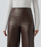 Pantalon large décontracté gainant taille haute extensible en molleton PU avec poches