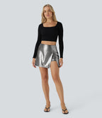 Mini-jupe moulante 2-en-1 SoftlyZero™ taille haute en simili, ourlet, effet sparkle métalisé, extensible avec poches