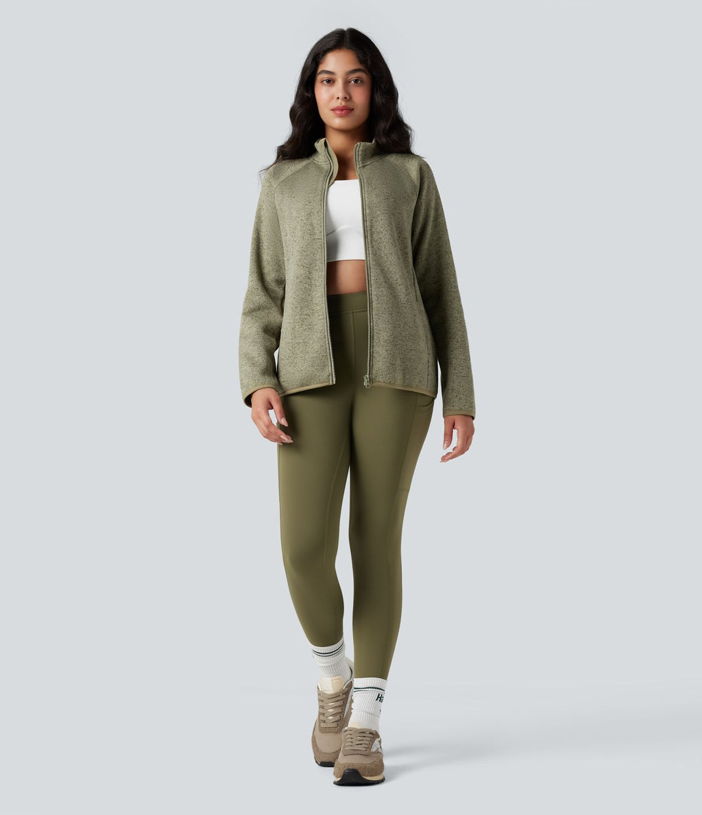 Veste polaire de randonnée chiné col montant manches longues avec fermeture éclair et poches