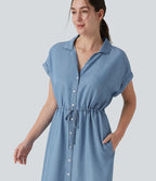 Robe-chemise casual denim en lyocell drapé à col, cordon de serrage, braguette boutonnée et poches