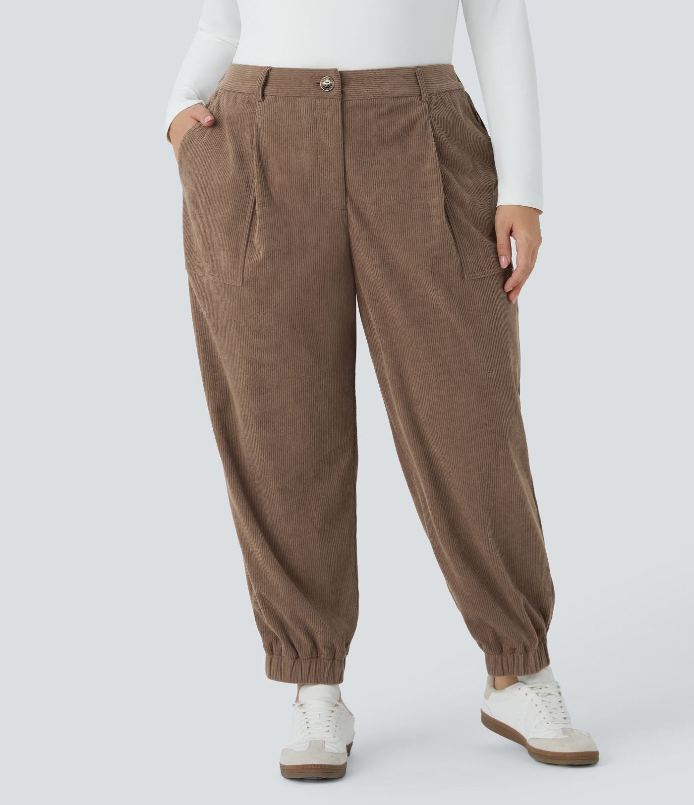 Pantalon décontracté en velours côtelé taille mi-haute grande taille avec bouton, fermeture éclair et poches multiples
