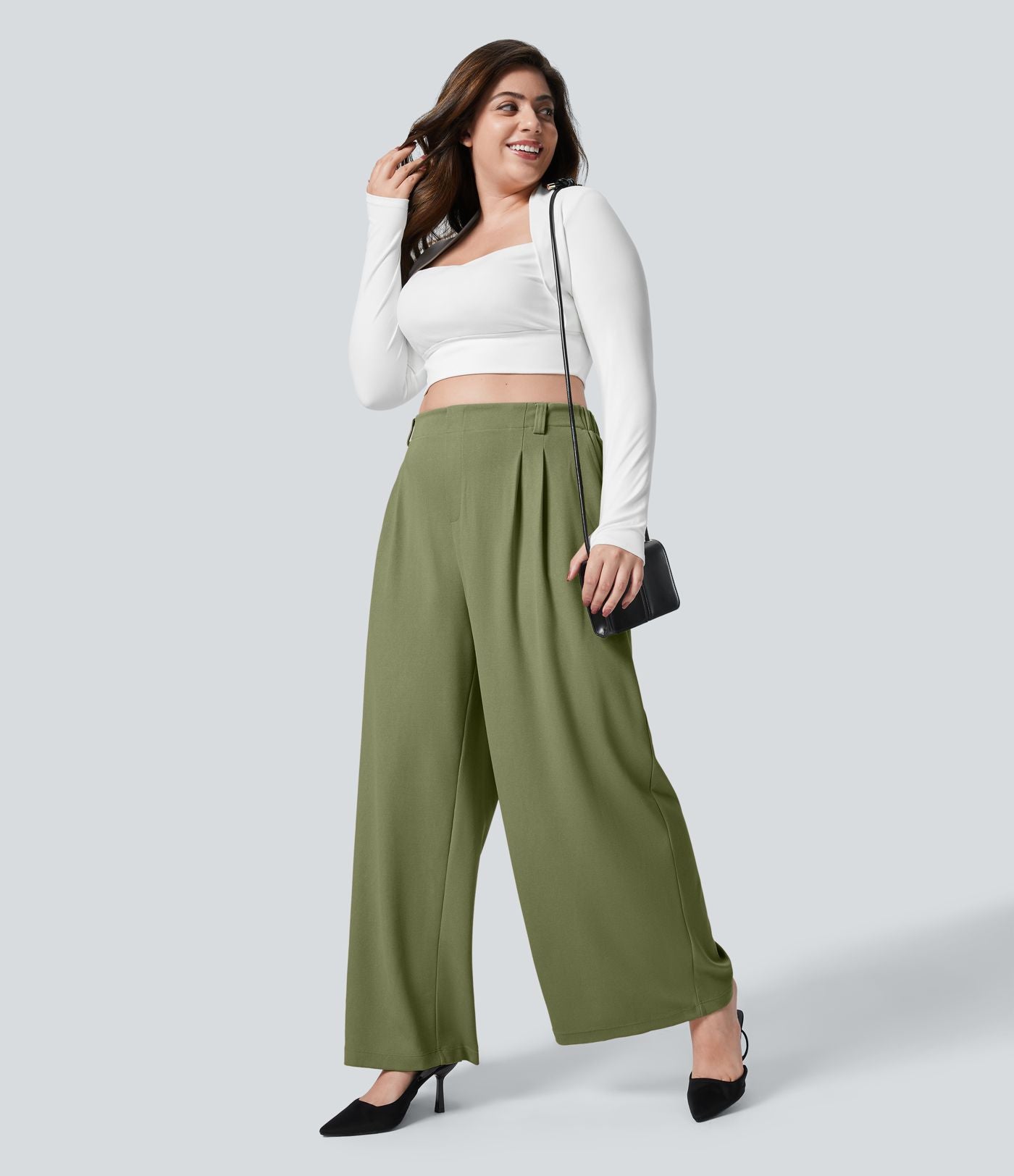 Halara Flex™ Pantalon tailleur Grande taille à Taille Haute, Poches Latérales Plissées, Jambes Larges, en Tissu Gaufré