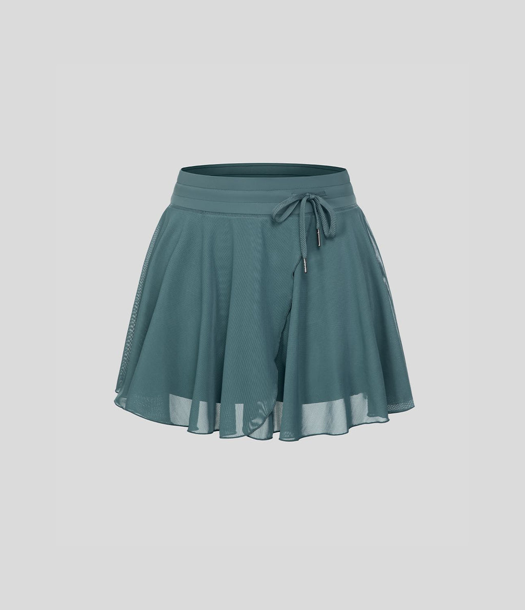 Jupe Casual Évasée Fluide 2 en 1 en Maille Contrastée Taille Haute Cordon de Serrage Poche Latérale